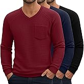 Neer 3 Pack Men's Big and Tall Waffle Thermal Long Sleeve Shirts V Neck Tops Casual Pullover Knit Undershirt with Pockets