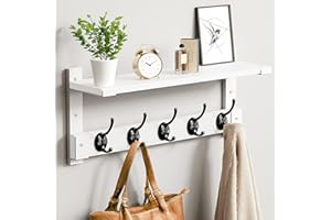 Oraich Wall Hooks with Shelf, Coat Rack Wall Mount, Shelf with Hooks for Coat Backpack Key Clothes Hanger, Wall Floating Shelf Hanging in Entryway, Living Room, Bathroom, Bedroom, Kitchen(White)