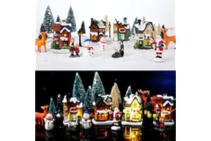 Gerrii 31 Pcs Christmas Village Figurines Decoration Set Lighted LED Christmas Village Houses with Figurines Snow Blanket Roll for Xmas Town Scene Desk Battery Operated Landscape Decor(Santa)