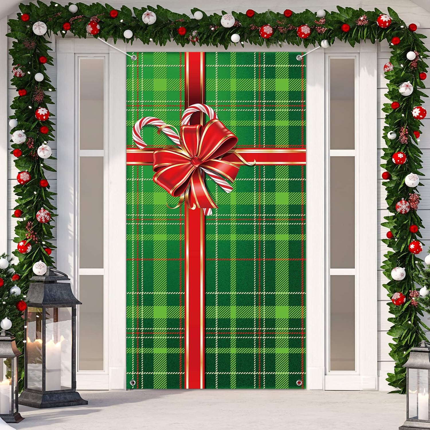 Garage Door Decorations - Tiamon Christmas Door Cover Xmas Door Decorations Christmas Gift Box Present Door Cover Winter Holiday Door Cover Sign Christmas Hanging Ornaments for New Year Party 71 x 35 Inch (Plaid)