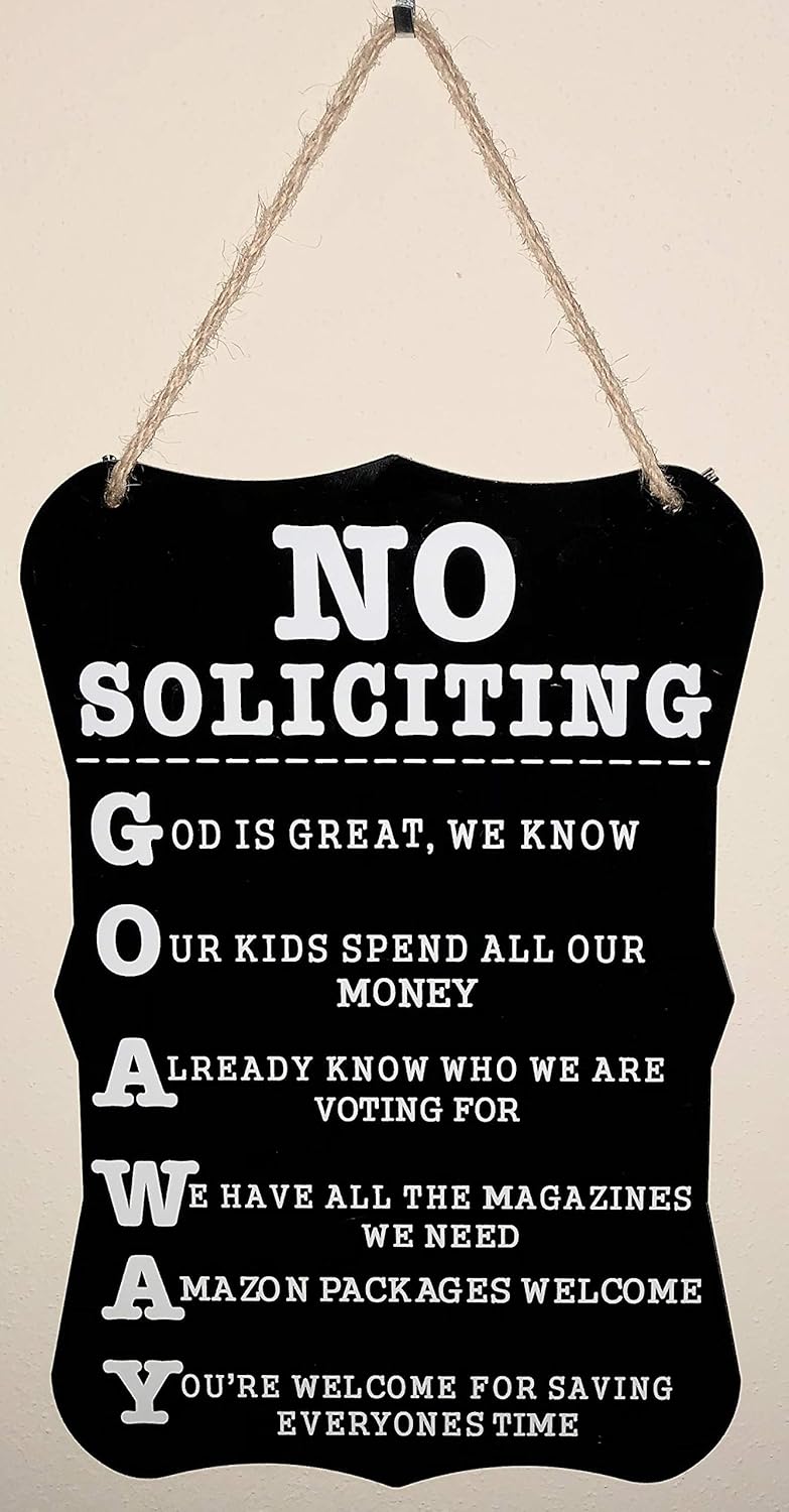 12 X 8 Door Sign to Keep Solicitors Away Decorative Home Decor for Outdoors Rope Included for Hanging at House Office or Business Quick and Easy Installation Funny No Soliciting Sign