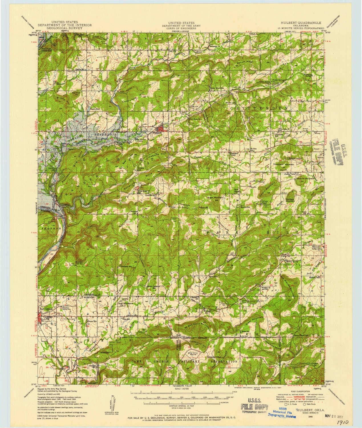 YellowMaps Hulbert OK topo map, 1:62500 Scale, 15 X 15 Minute, Historical, 1948, Updated 1957, 21.3 x 18 in