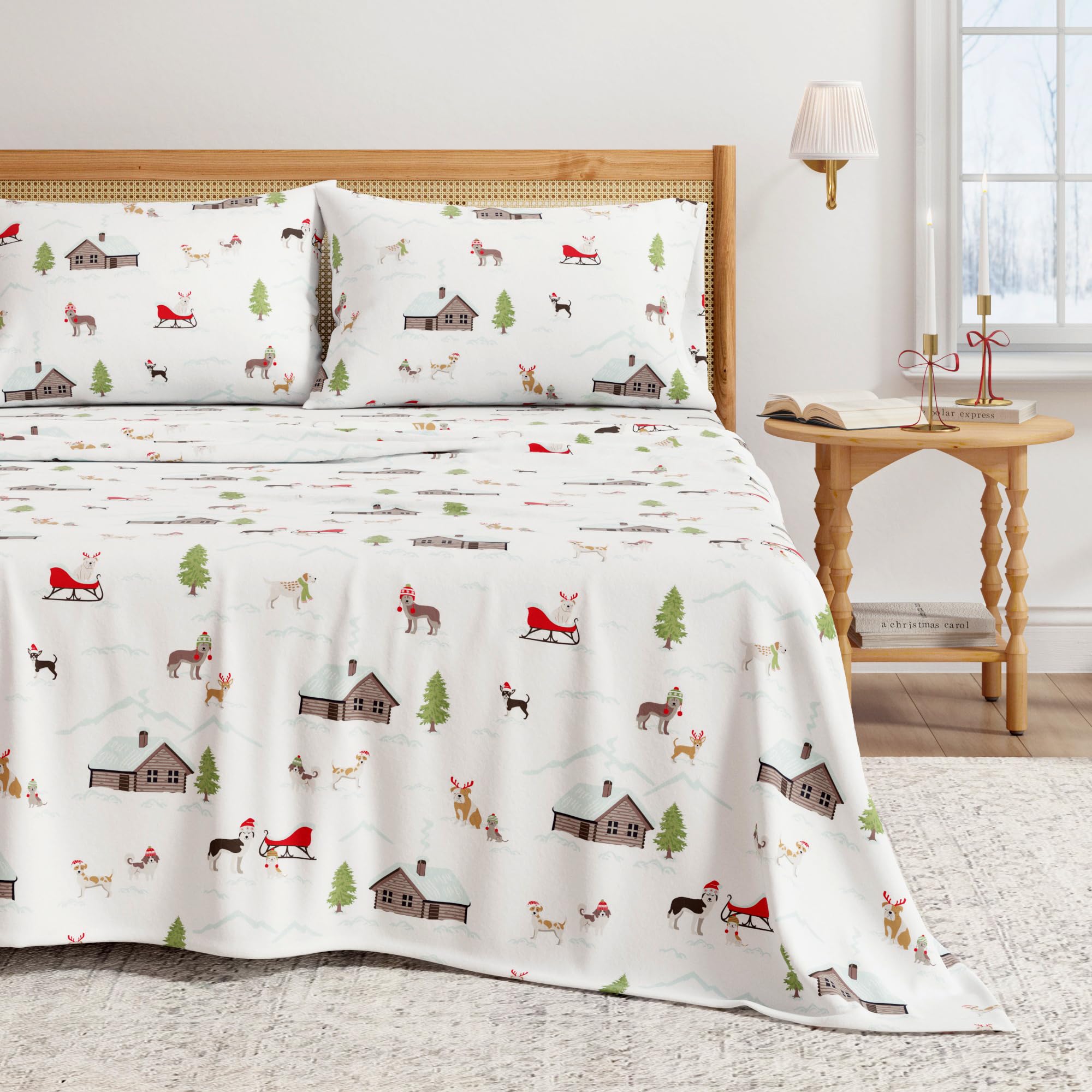 Photo 1 of Great Bay Home Christmas Flannel Sheet Set California King Size - 100% Turkish Cotton, Double-Brushed, Winter Bed Sheets - Ultra-Soft, Cozy, 4-Piece Holiday Bedding Set (Pups with Hats)