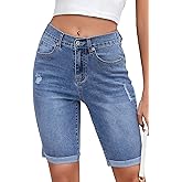 Metietila Women's High Waisted Bermuda Denim Shorts Folded Hem Elastic Waist Stretchy Jean Shorts