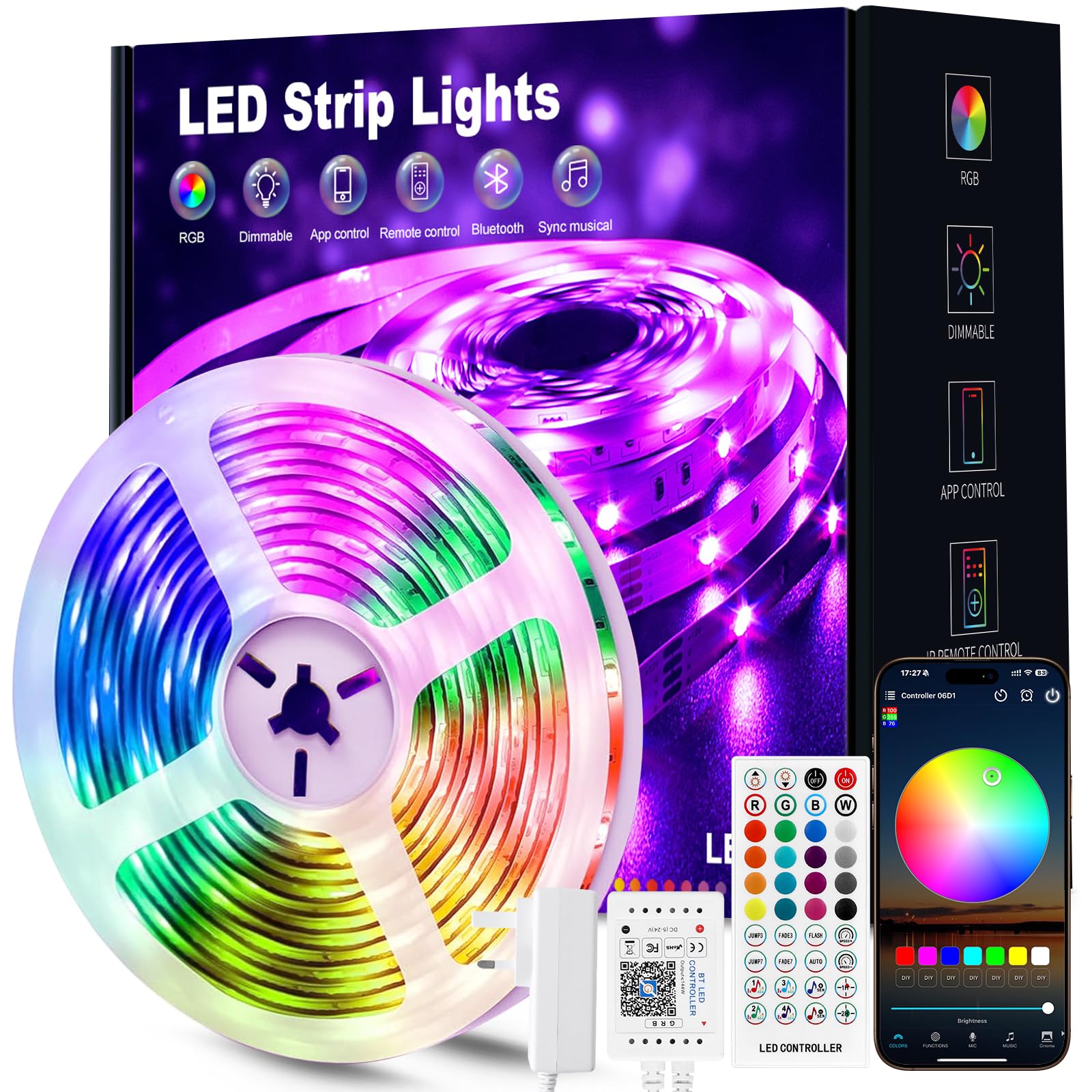 Beaeet LED Strip Light 5m, RGB Music Sync Colour Changing LED Lights for Bedroom, Smart Ambient Lights with Bluetooth App & Remote Control, Flexible Design for Gaming, Ceiling, and Home Decoration