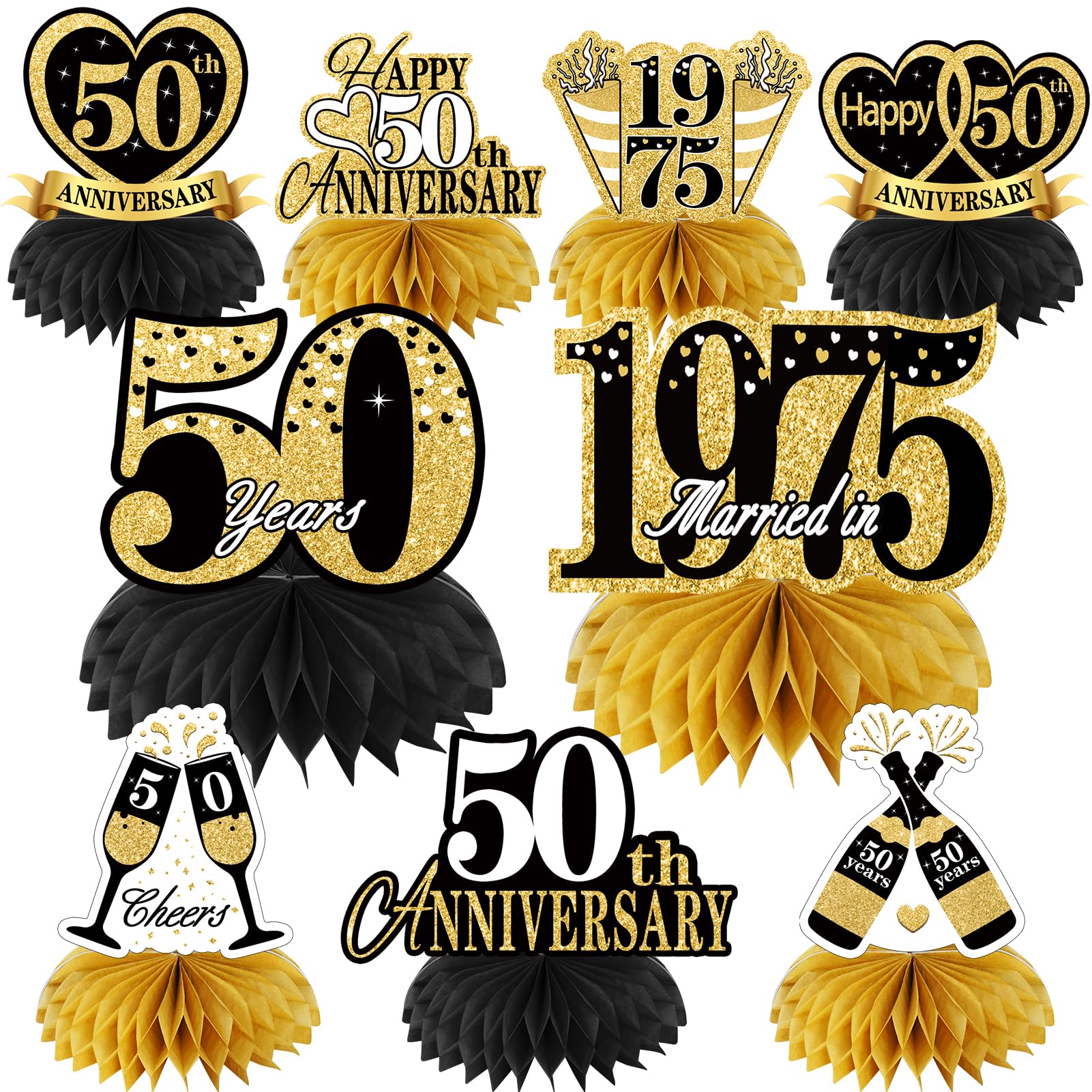 Photo 1 of Aodocuto 9Pcs 50th Anniversary Decorations Table Centerpeces, Black Gold Happy 50th Wedding Anniversary Honeycomb Centerpieces Party Supplies, Vintage 1975 Cheers to 50 Years Anniversary Table Topper