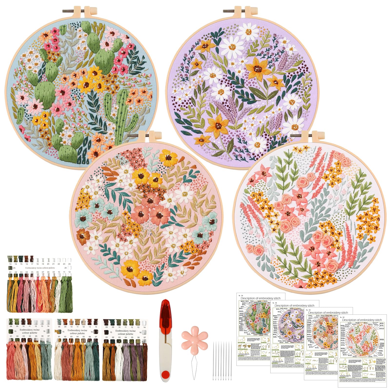 ASTNIC 4 Sets Embroidery Kit, Embroidery Kits for Adults, Cross Stitch Kits with Hoop, Embroidery Needles, Threads, Instruction, Cross Stitch, Birthday Gifts for Women, Personalised Gifts, Room Decor