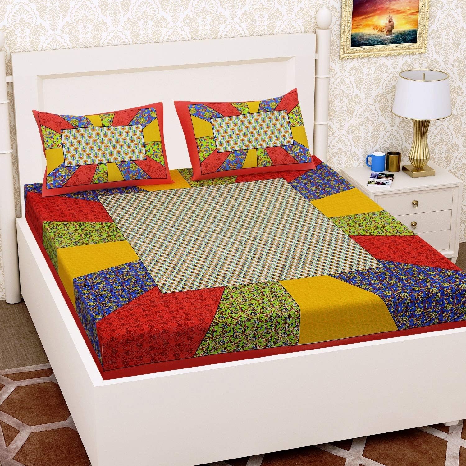 Monik Handicrafts Cotton 144 TC Bedsheet (Red_Queen)