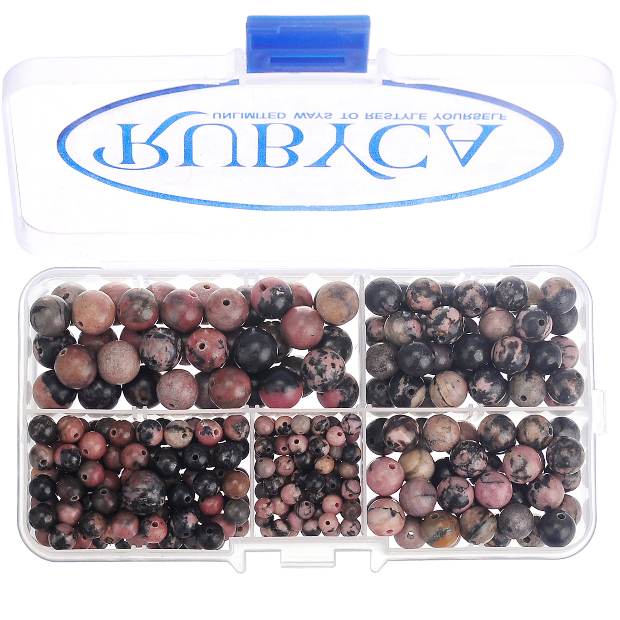 RUBYCA Natural Rhodonite Gemstone Round Loose Bead Organizer Plastic Box Jewelry Making Mix Sizes