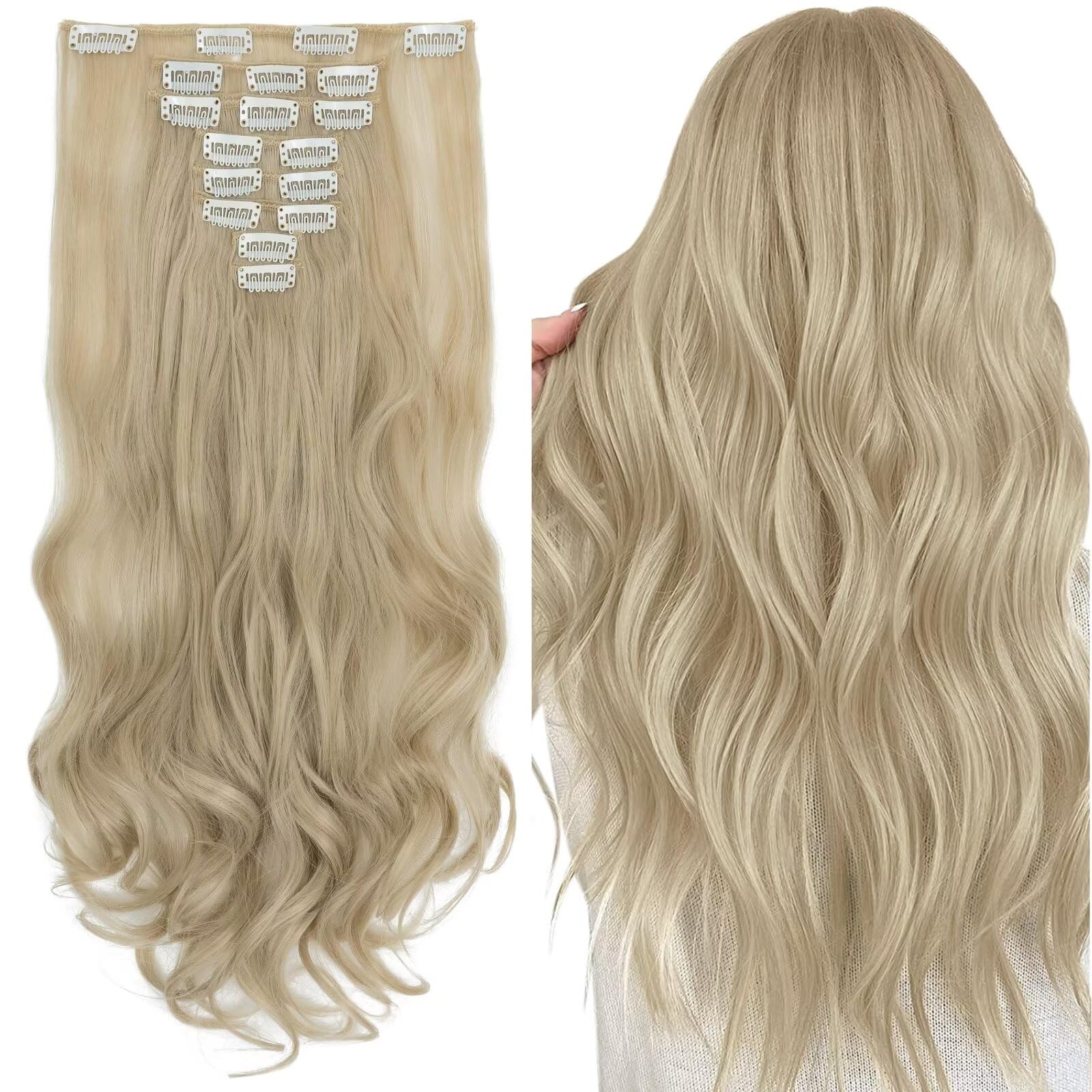 Silk-co 17 inch 8PCS Hairpiece Clip in Hair Extensions Blond&Bleach Blond 100% Synthetic Hair Piece Long Curly Wavy for Full Head — image 1