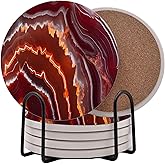 Red Agate Marble Round Coasters Set of 6 - Abosrbent Ceramic Coasters with Metal Stand for Drinks, Coffee, Non-Slip Cork Back for Tabletop Protection, 4 Inches Marbled Pattern (Agate)