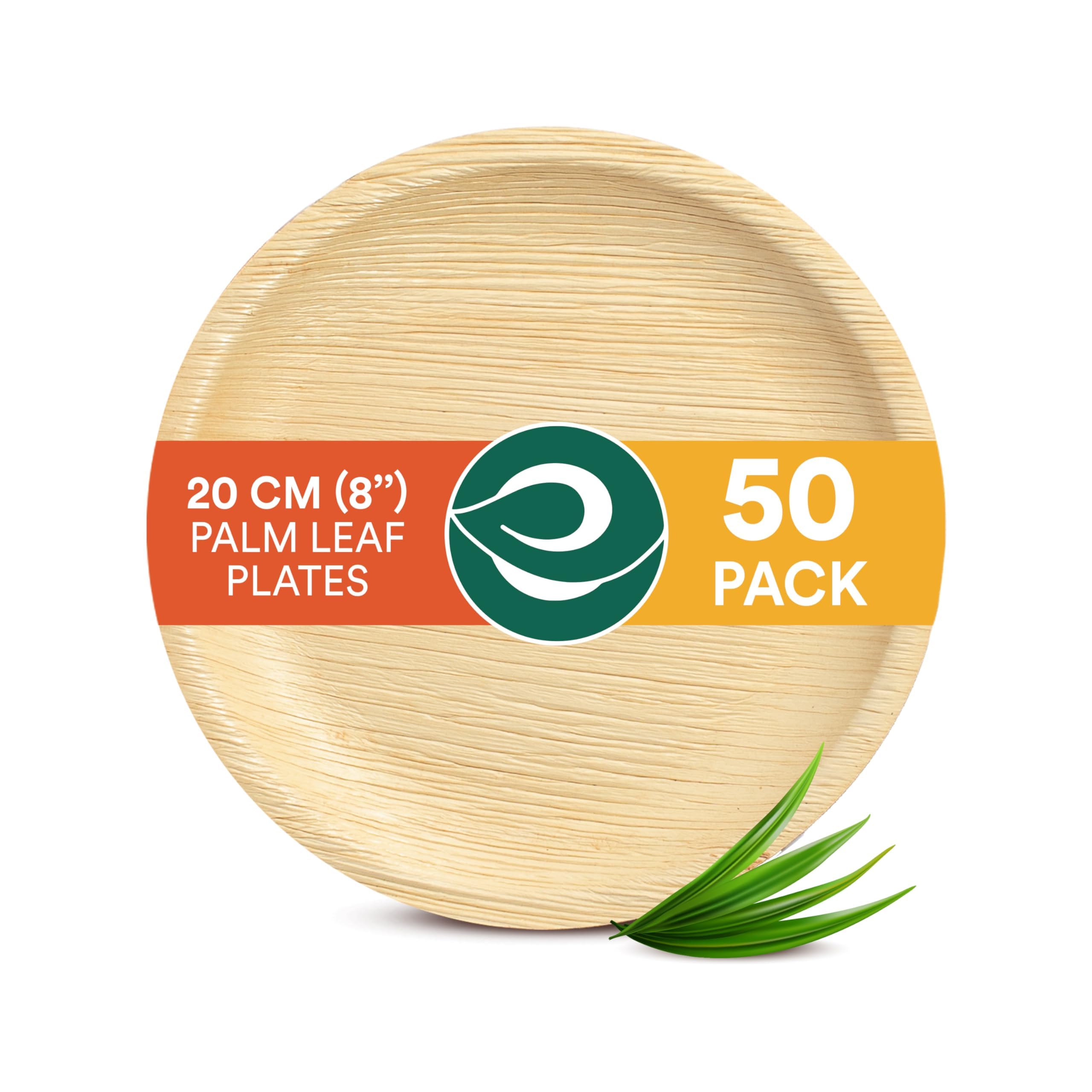 ECO SOUL Palm Leaf Plates 8”(20cm) 50 Round Bamboo Plate I Eco Friendly, Biodegradable, Compostable Heavy-Duty Plate, Disposable Plates for Dinner, Party & Events