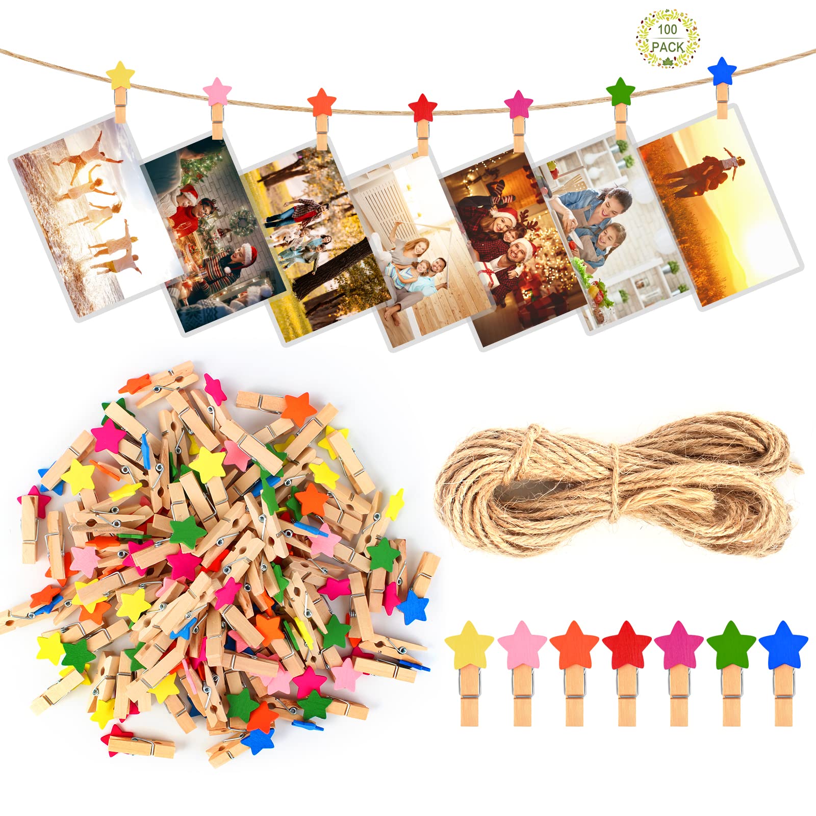 Bubuyun 100Pcs Mini Wooden Clips Wood Photo Clips, Wooden Clothespins Photo Paper Mini Pegs Craft Scrapbooking with 10M Jute String for Hanging Photos Memo Wedding Party DIY Craft Decoration