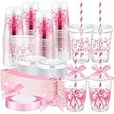 Jingmore 60 Sets Plastic Cups Bulk 12 oz Plastic Disposable Cups with Lids Sleeves and Straws Smoothie Clear Drink Disposable Party Favor Holiday Birthday Wedding Party Supplies (Pink Bow)