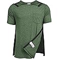 Deyeek Men's Post Shoulder Surgery Shirts Recovery Tear Away Short Sleeve Full Open Side Snap Adaptive Chemo Clothing
