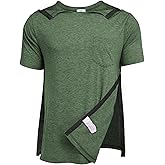 Deyeek Men's Post Shoulder Surgery Shirts Recovery Tear Away Short Sleeve Full Open Side Snap Adaptive Chemo Clothing