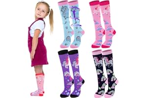 Tisancy 4 Pairs Kids Compression Socks 15-20 mmHg Knee Length Compression Stockings Travel Socks for Kids Childrens