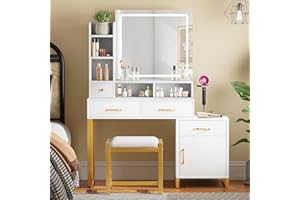 YITAHOME 43" Vanity Desk with Mirror and Lights, Makeup Vanity Set with Power Outlet, Makeup Table with 3 Lighting Modes Brightness Adjustable, Drawers, Cabinet, Storage Stool,for Bedroom, Pearl White