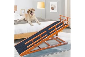 JOPAVO Dog Ramp for Bed - 65" Length, Supports up to 32" Height,Includes Non-Slip Replaceable Carpet, Safety Rails &Landing Platform,Adjustable & Foldable Pet Ramp for Large/Senior Dogs to Get on Bed-Walnut