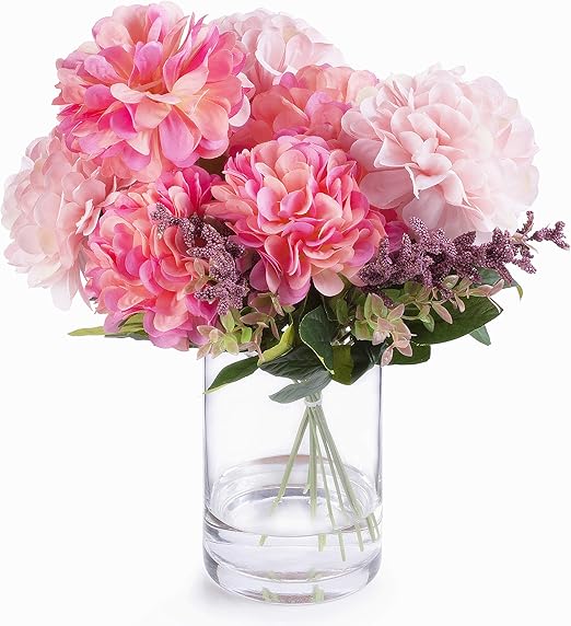 Amazon Com Enova Home 7 Heads Mixed Dahlia Silk Flower Arrangement In Glass Vase With Faux Water For Home Wedding Centerpiece Pink Home Kitchen
