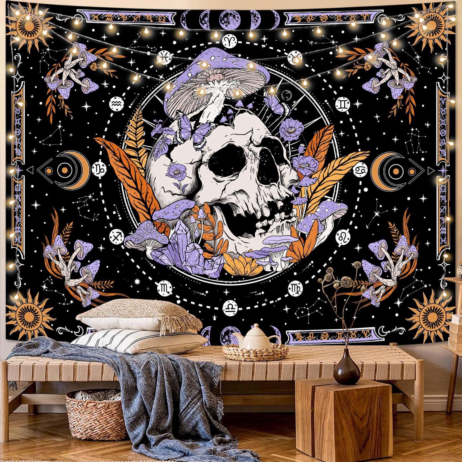 Tapestries - Aipon Purple Skull Tapestry Skeleton Mushroom Floral Flower Aesthetic Bedroom Tapestries Hippie Nature Plant Wall Hanging for Living Room Dorm (Purple, 60'' × 44'')