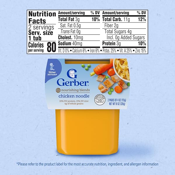 GERBER BABY FOOD 2ND FOODS, DINNER, CHICKEN NOODLE PUREE, 4 OUNCE TUBS, (PACK OF 8)