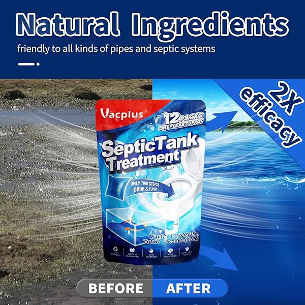 VACPLUS SEPTIC TANK TREATMENT 12 PCS FOR 1-YEAR SUPPLY, DISSOLVABLE PACKS WITH EASY OPERATION, DURABLE BIODEGRADABLE ENZYMES FOR WASTES, GREASES & ODORS, BLUE, 2X EFFICIENCY
