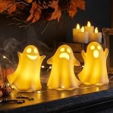 Ceramic Ghost Decor, Light Up Ghost Figurines for Halloween with Timer | 3Pcs Small Lighted Ghost Statues for Cute Table Decor, Spooky Home Halloween Indoor Mantle Centerpiece, Battery Included