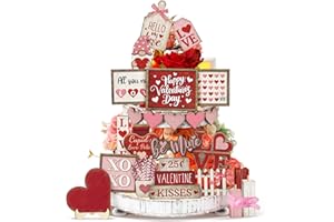 Moucuny 24 Pcs Vintage Farmhouse Valentine's Day Tiered Tray Decor Set Heart Wooden Valentine Table Centerpieces Love Heart XOXO Wooden Signs for Home Decor