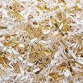 Mefleet 2 LB Crinkle Cut Paper Shred Filler White & Gold Crinkle Shredded Paper for Gift Box - Gift Basket Bag Filler - Grass Cushion Stuffing for Christmas Holiday Packaging Wrapping