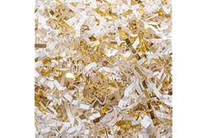 Mcfleet 1 LB Crinkle Cut Paper Shred Filler White & Gold Crinkle Paper Shredded Paper for Gift Box - Gift Basket Filler - Gift Box Stuffing for Christmas, Halloween Packaging Wrapping