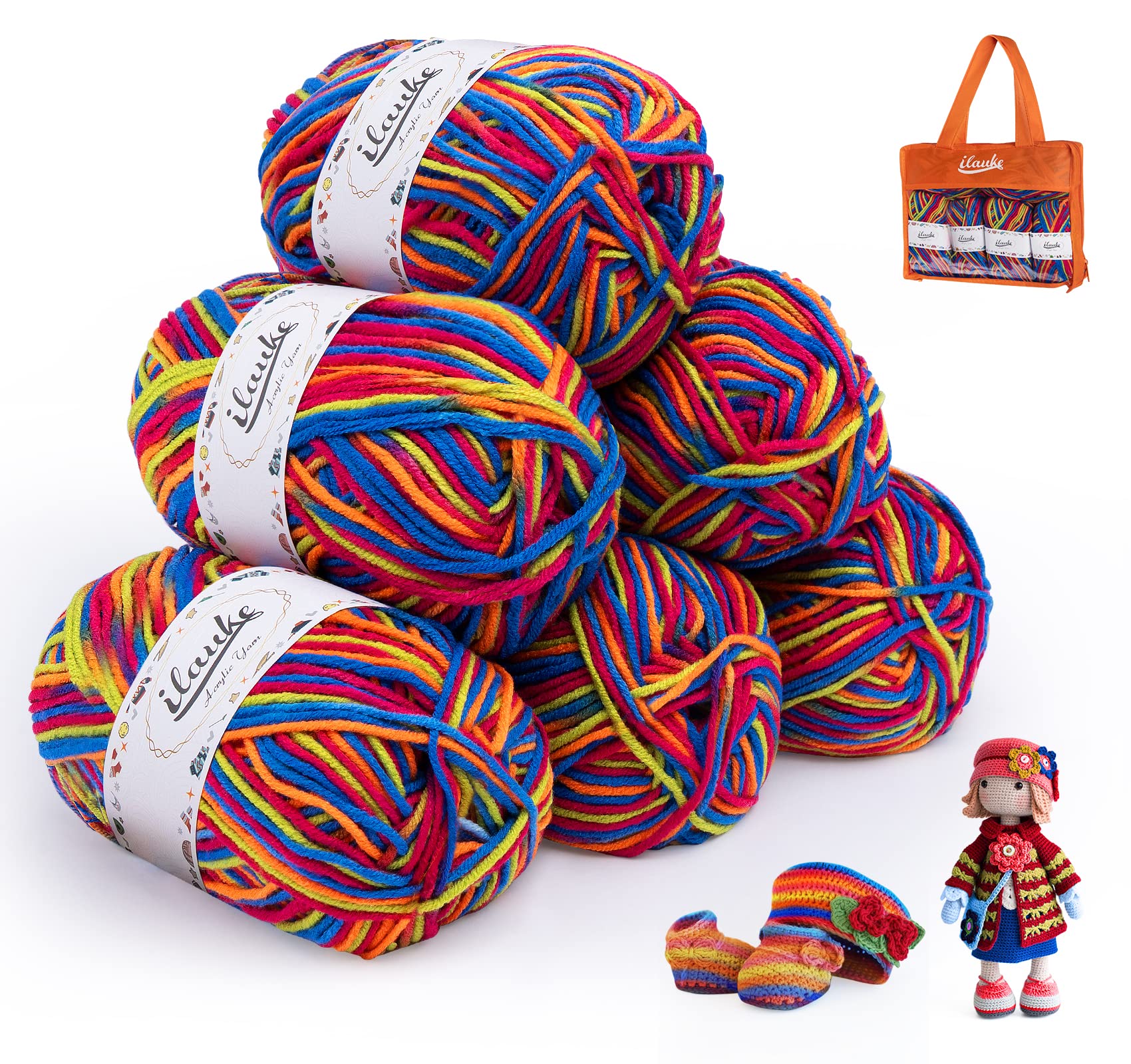 ilauke Crochet Yarn 6 x 50g Balls, 4ply Hand Knitting Wool, Colorful Wool Yarn for Knitting, Acrylic Double Knitting Yarn for Crochet Blanket Dolls DIY Crafts, C - Blue & Red & Yellow