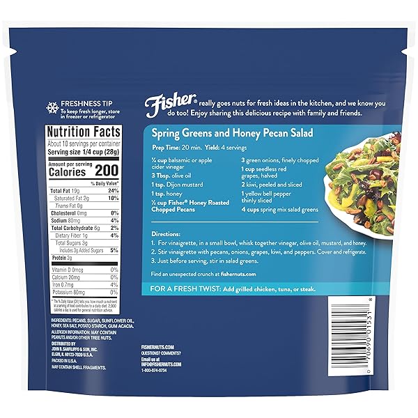 FISHER CHEF’S NATURALS HONEY ROASTED CHOPPED PECANS 10OZ RESEALABLE BAG, SALTED NUTS FOR COOKING, BAKING & SNACKING, VEGAN PROTEIN, KETO SNACK, GLUTEN FREE