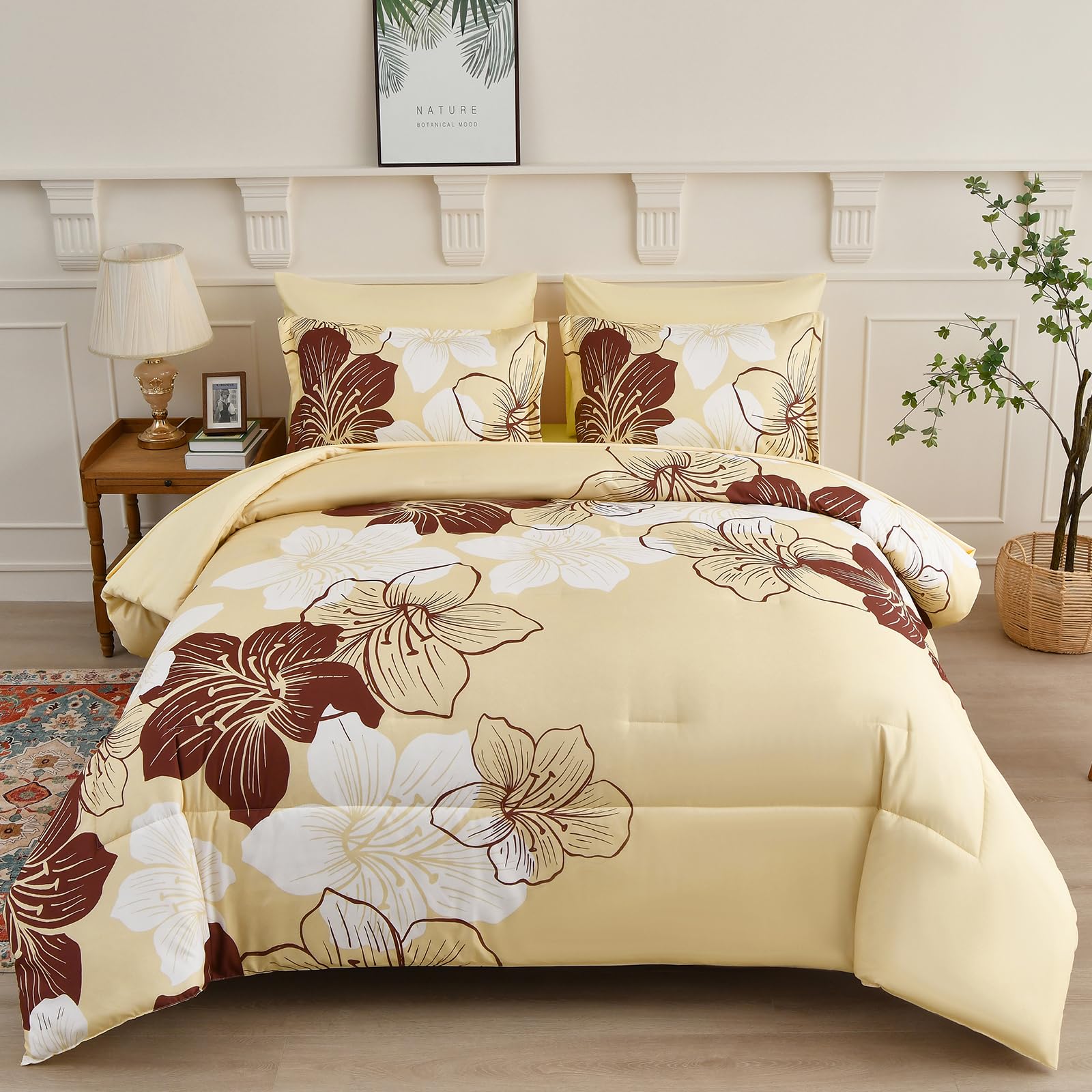 Luxudecor Floral Comforter Set King Size, 7 Pieces Bed in a Bag Burgundy Floral Print on Beige Comforter, Soft Microfiber Complete Bedding Sets for All Seasons