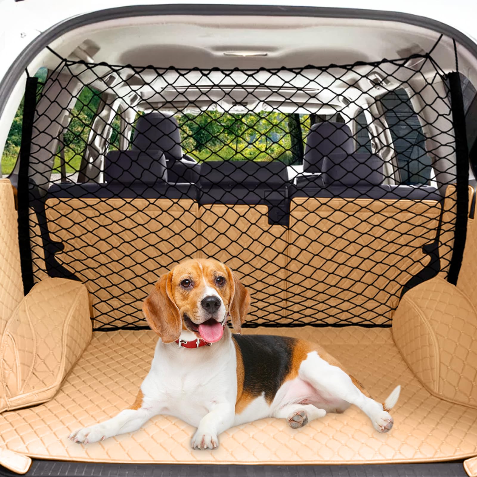 Photo 1 of Dog Car Barrier Net Pet Car Divider Back Seat Barrier Net for Trucks, SUV, Full Sized Sedans Pet Restraint Car Backseat Divider Vehicle Gate Cargo Area Travel Trunk Mesh Net Screen Barricade