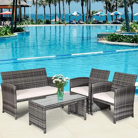 Amazon Com Goplus 4 Piece Grey Patio Rattan Furniture Set Conversation Glass Table Top Cushioned Sofa 1 Set Sports Outdoors