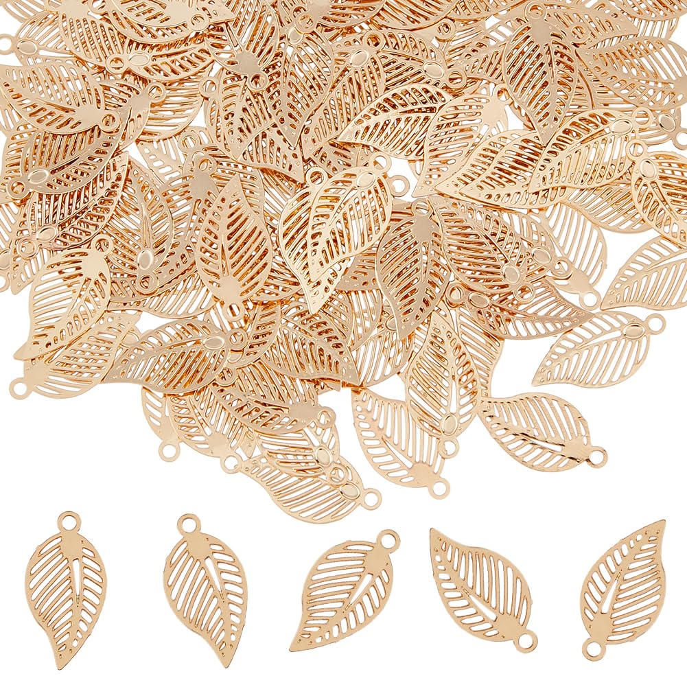 HOBBIESAY 120Pcs Hollow Leaf Pedant Charms Light Gold Filigree Leaf Pedants Long-Lasting Plated Crafts Pendants Botanical Elegance Brass Pedants for Jewelry Making Necklace Accessories