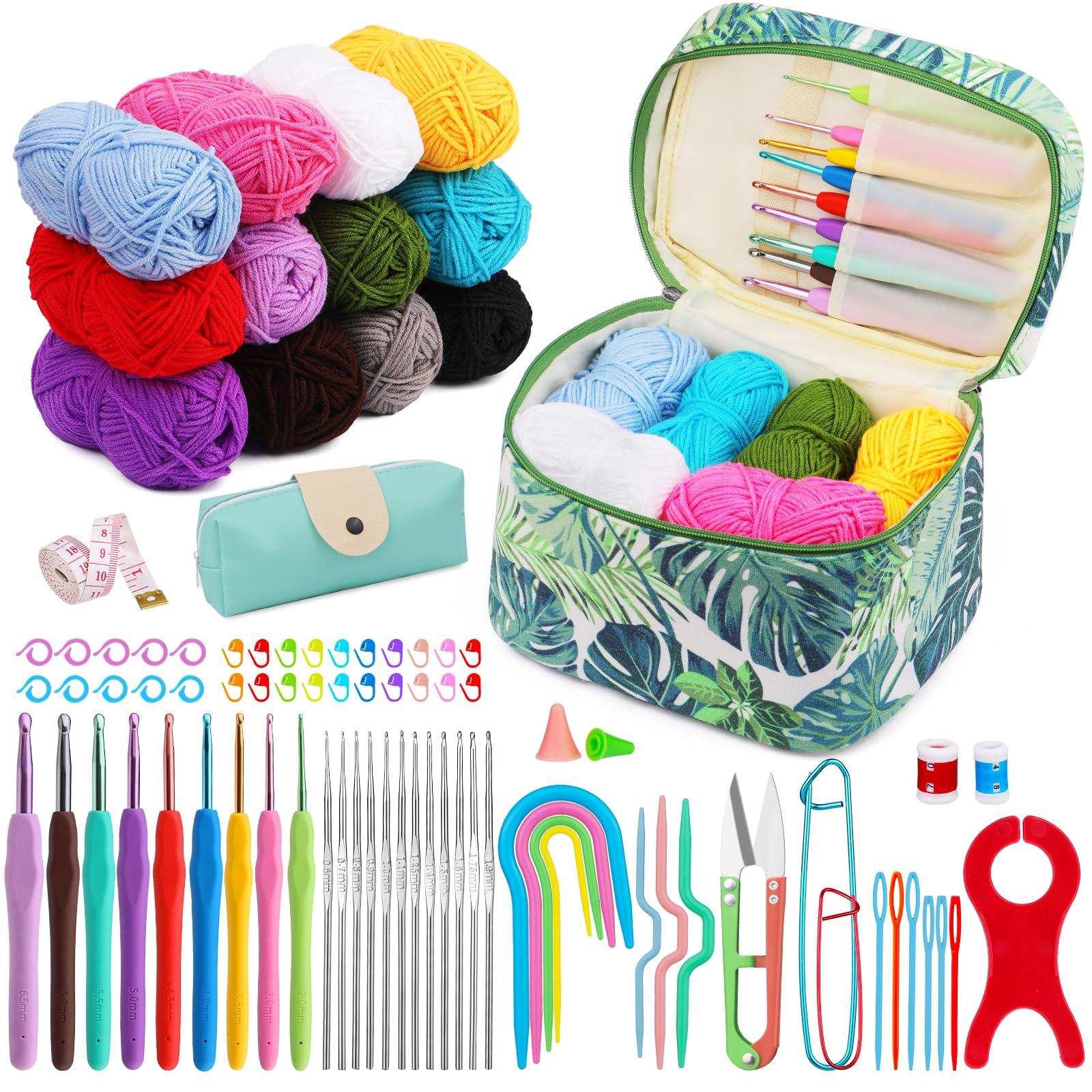 BUOKKON 87 Pcs Crochet Kit for Beginners, Crochet Starter Kit with Yarn Ergonomic Crochet Hooks Storage Bag, Complete Crochet Starter Kit, Beginners Crochet Hook Set for Adults Beginner Craft