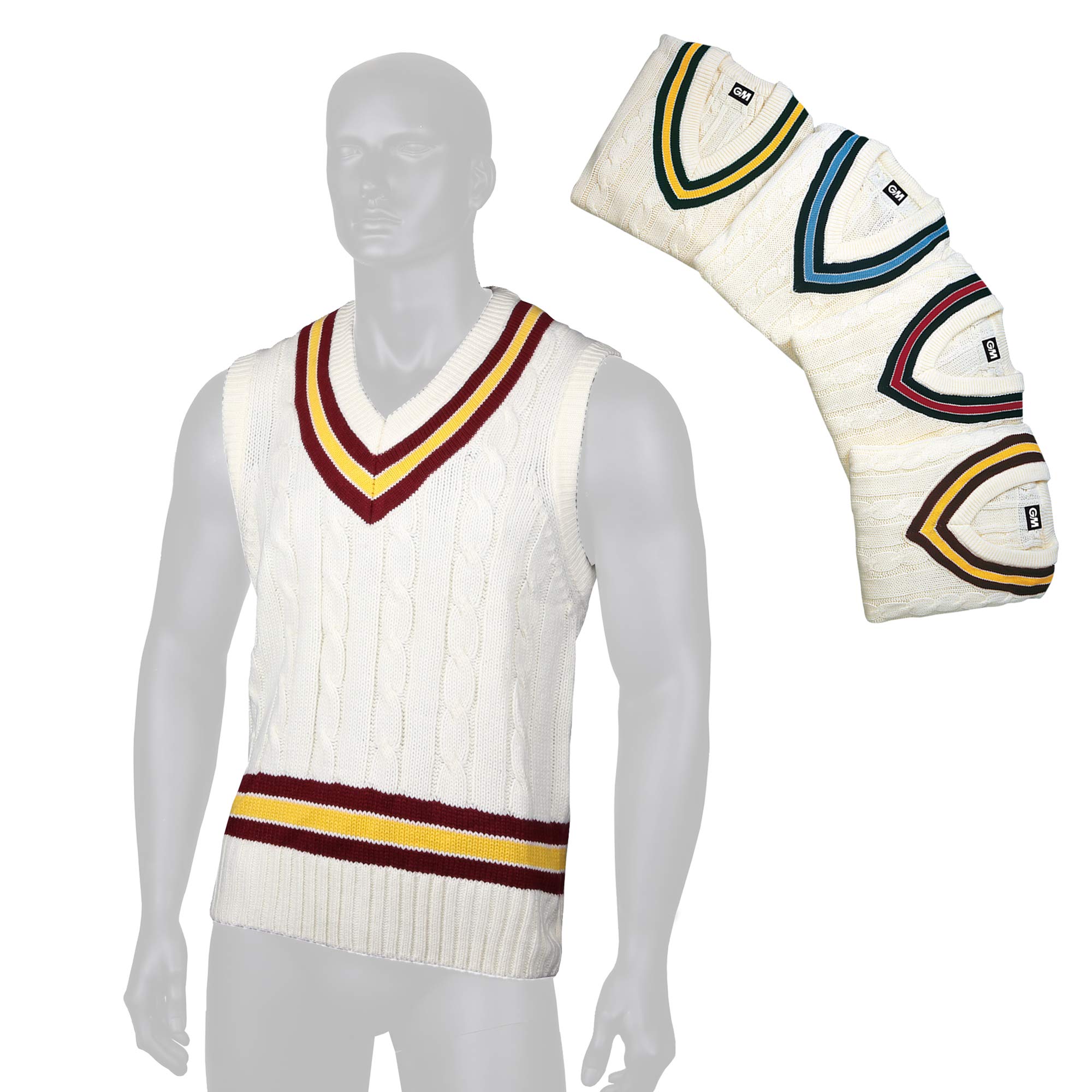 Gunn & Moore GM | Cricket Sweater Jumper Slipover | Classic Heavy Cable Knit | Sleeveless | Cream with Navy Blue & Sky Blue Trimmed Collar | Medium Junior to fit Chest 26-28"