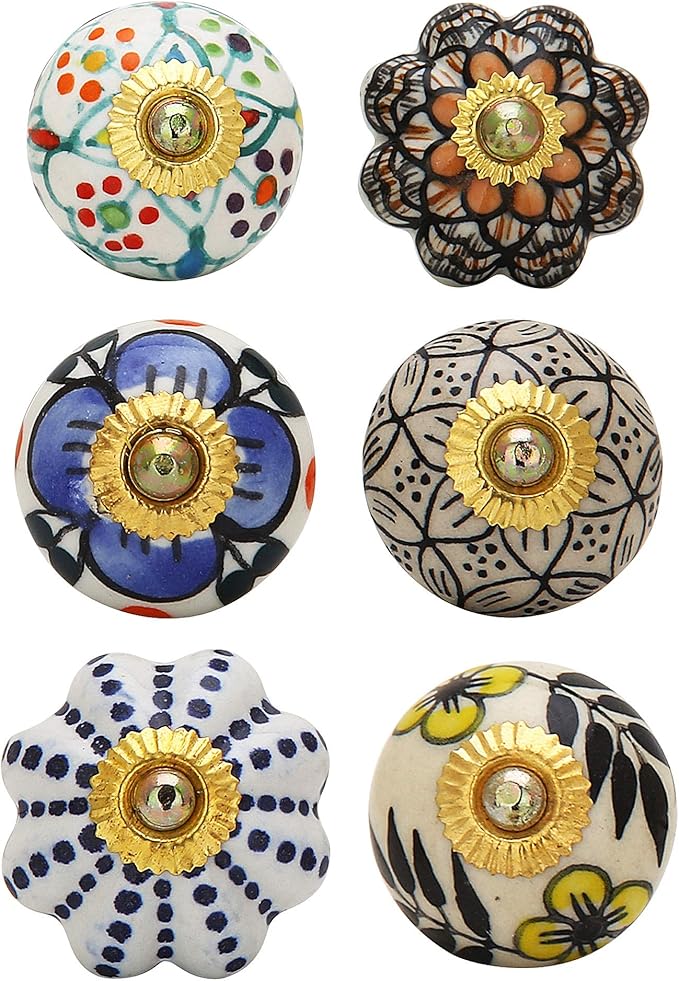 Multi Color Ceramic Door Knob Set of 6 Pc Indian Handmade