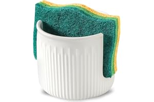 Seyatoo Ceramic Sponge Holder for Kitchen Sink, Scrub Sponge Dish Rack, Farmhouse Compact Sink Caddy Organizer, Classic White