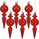 6PCS 6-Inch Hand-Blown Glass Finial Christmas Tree Hanging Ornaments -Large Elegant Clear Glass Vintage Holiday Decorations for Tree, Mantel, Party - Luxury Handmade Seasonal Décor(Red)