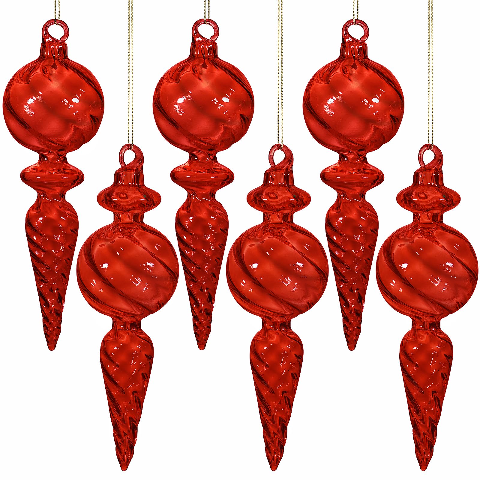Photo 1 of 6PCS 6-Inch Hand-Blown Glass Finial Christmas Tree Hanging Ornaments -Large Elegant Clear Glass Vintage Holiday Decorations for Tree, Mantel, Party - Luxury Handmade Seasonal Décor?Red?