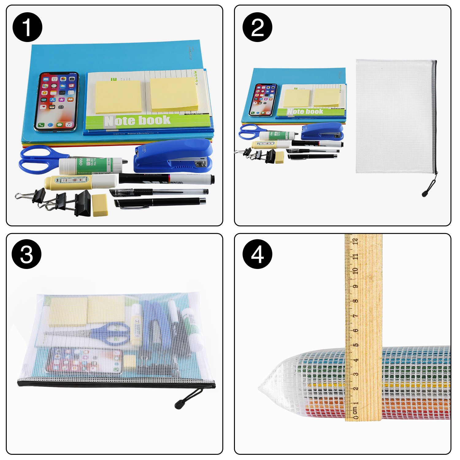 SUNEE A4 Size Zipper File Bags 6 Colors, Plastic Zippered Pouch Storage Bag with Lifting Ring, PVC Zip File Folders Water Resistant for Business Travel School Office Use (18 Pack)