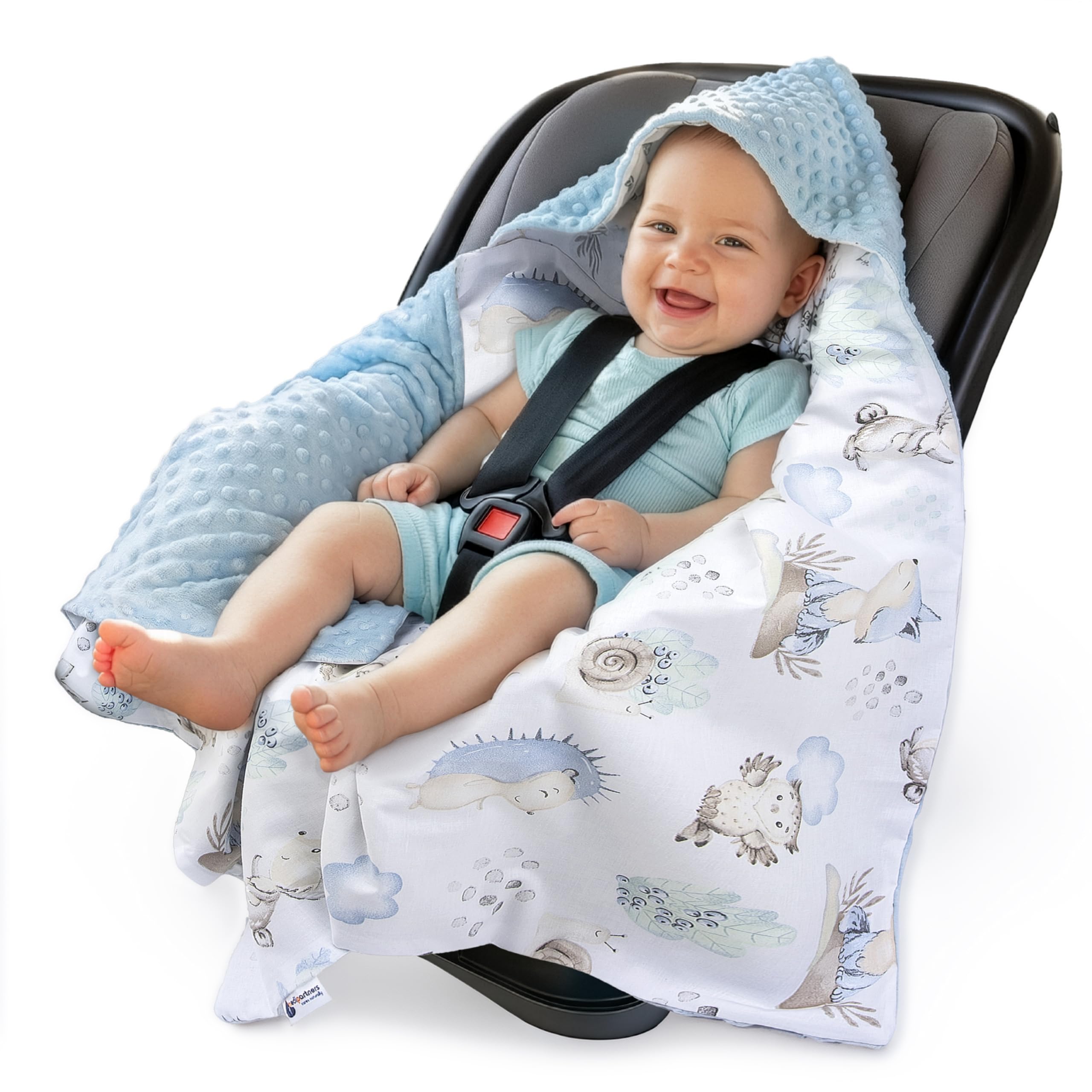 Medi Partners Swaddling Blanket 100% Cotton 85x85cm Double-Sided Multifunctional Plush Blanket With a hood for Pushchairs Soft Fluffy (Deer and Hedgehogs with light blue Plush)