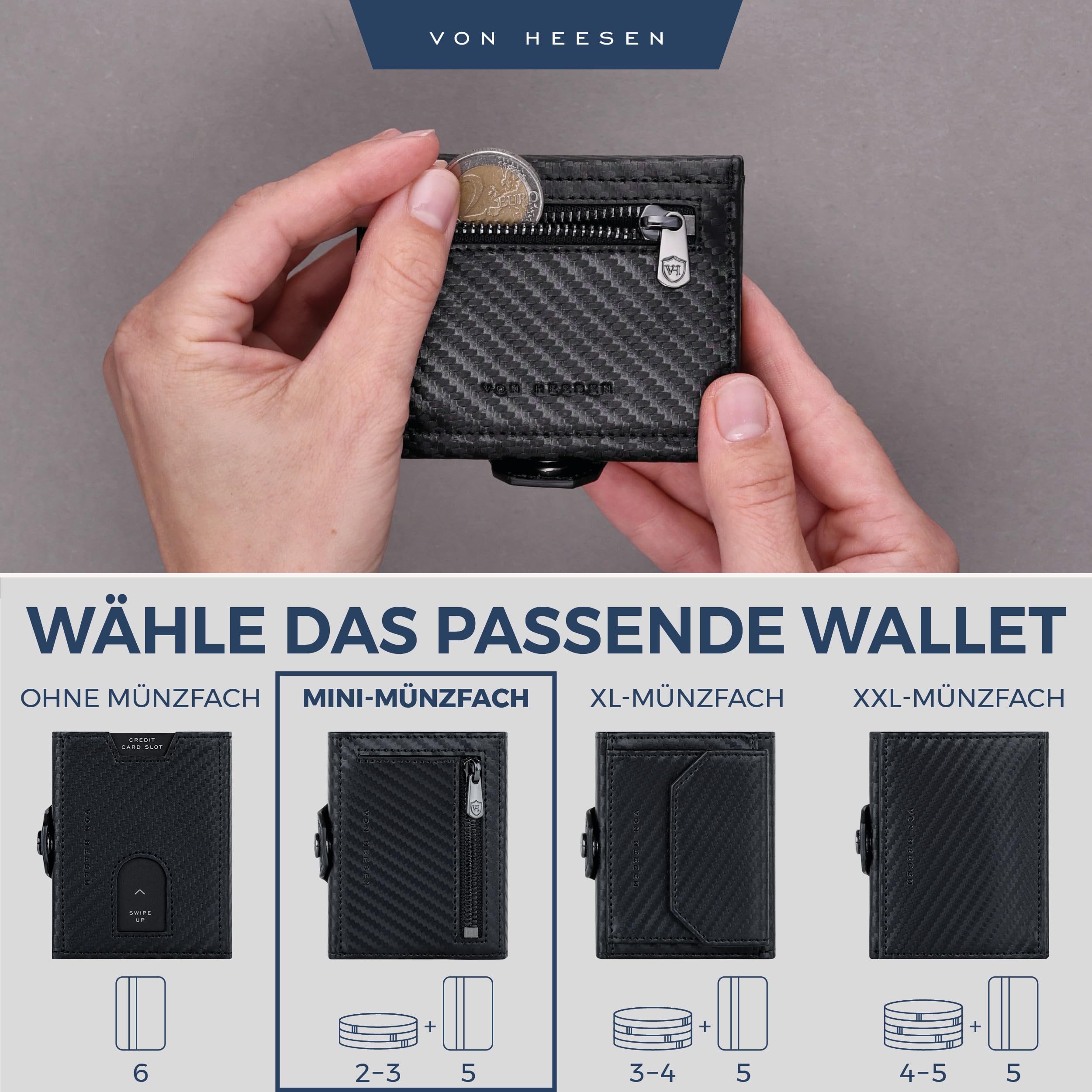 VON HEESEN Slim Wallet mit Münzfach & RFID Schutz - Geldbörse Herren & Damen - Kartenetui Kreditkartenetui - Mini Portmonee Geldbeutel Portemonnaie klein Carbon-Schwarz