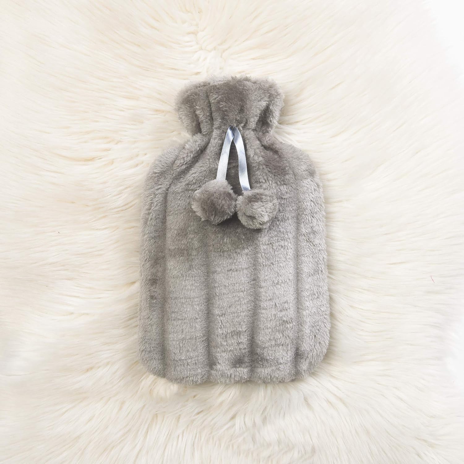 Fleece hot Water Bottles 2litre Multiple Designs Easy Removable Cover Soft and Cosy Faux Fur Cover (Faux Fur Grey)
