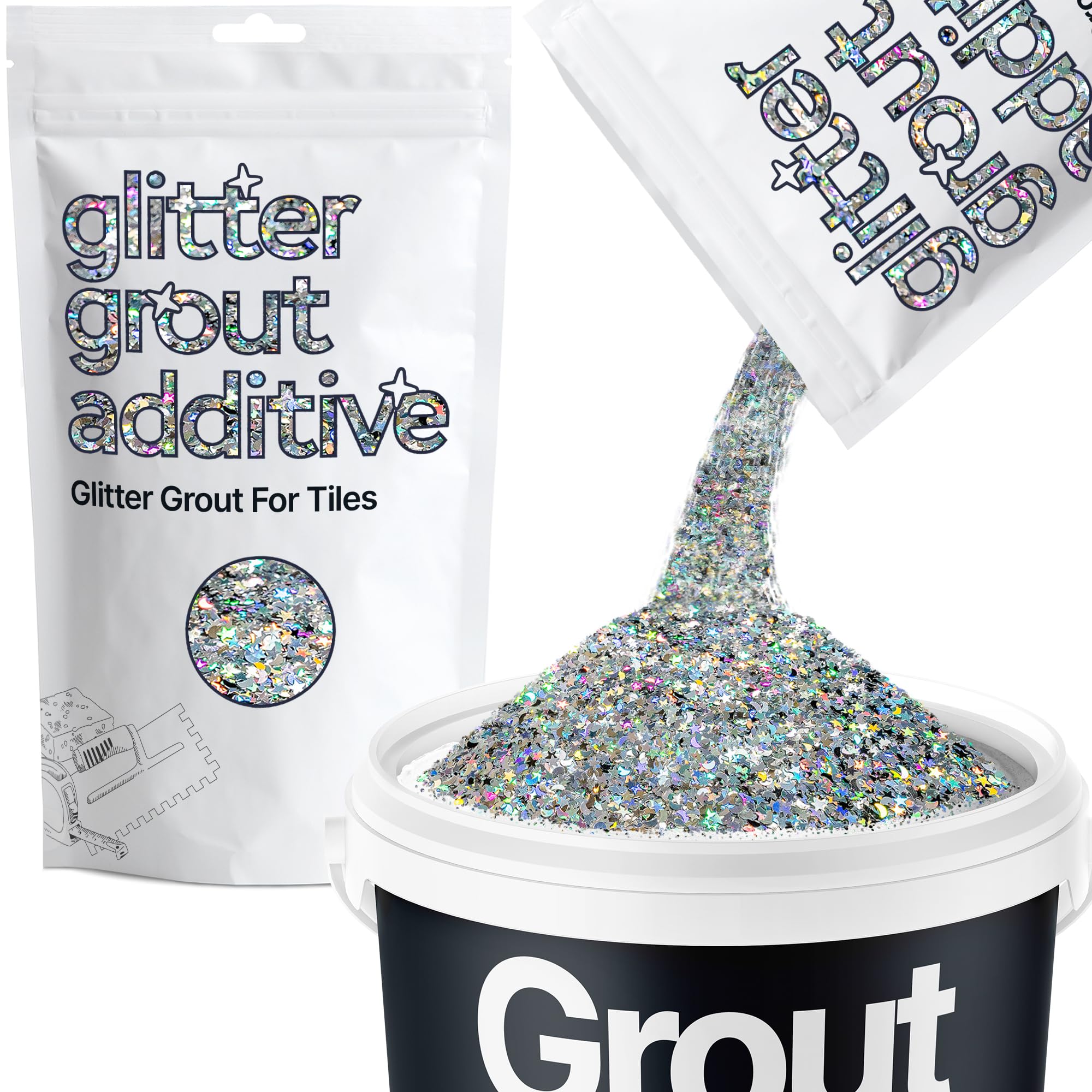 Hemway Silver Holographic Stars & Moons Glitter Grout Additive 100g Metallic Flakes for Adding Sparkle to Kitchen & Bathroom Tiles | Enhance Your Indoor Grouting Projects with a Durable Sparkly Effect
