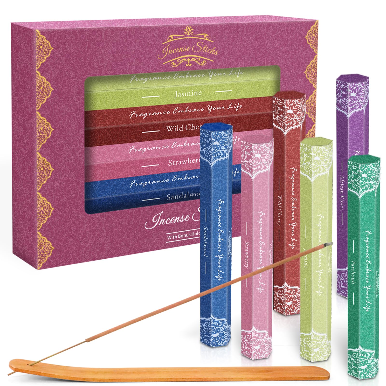 SCENTORINI Incense Sticks, Luxury Incense Sticks Gift Set, Sandalwood, Patchouli, African Violet, Strawberry, Jasmine, Wild Cherry for Relaxation and Meditation - 120 with Stick Holders — image 1