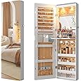 HNEBC LED Mirror Jewelry Cabinet,47.2" Wall Mounted Jewelry Organizer with Full-Length Mirror,Over The Door Hanging Jewelry Armoire Storage Cabinet,Folding Dresser,2 Drawers,Lockable, 3 Shelves(White)